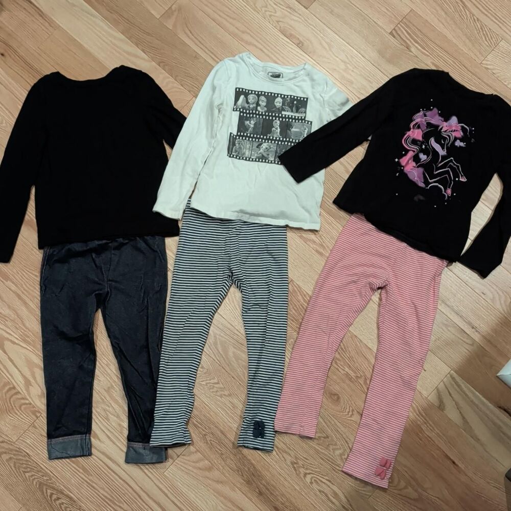 Girls’ size 5T clothing bundle unicorn, frozen and solid tops w/ 3 leggings